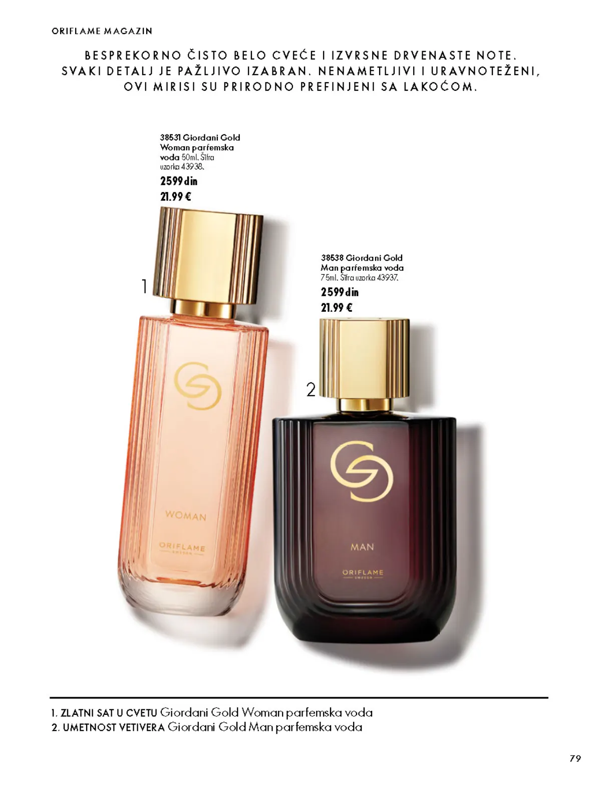 Oriflame katalog 07.10–17.11.2026, strana 79 – Giordani Gold Woman parfemska voda 50 ml; Giordani Gold Man parfemska voda 75 ml