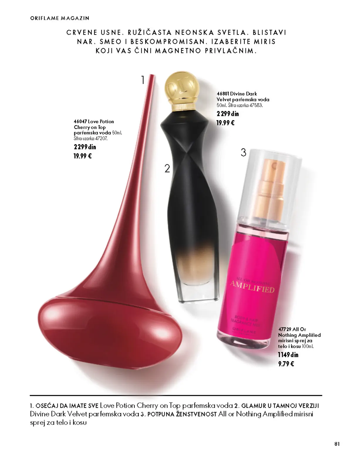 Oriflame katalog 07.10–17.11.2026, strana 81 – All Or Nothing Amplified mirisni sprej za telo i kosu 100 ml; Love Potion Cherry on Top parfemska voda 50 ml
