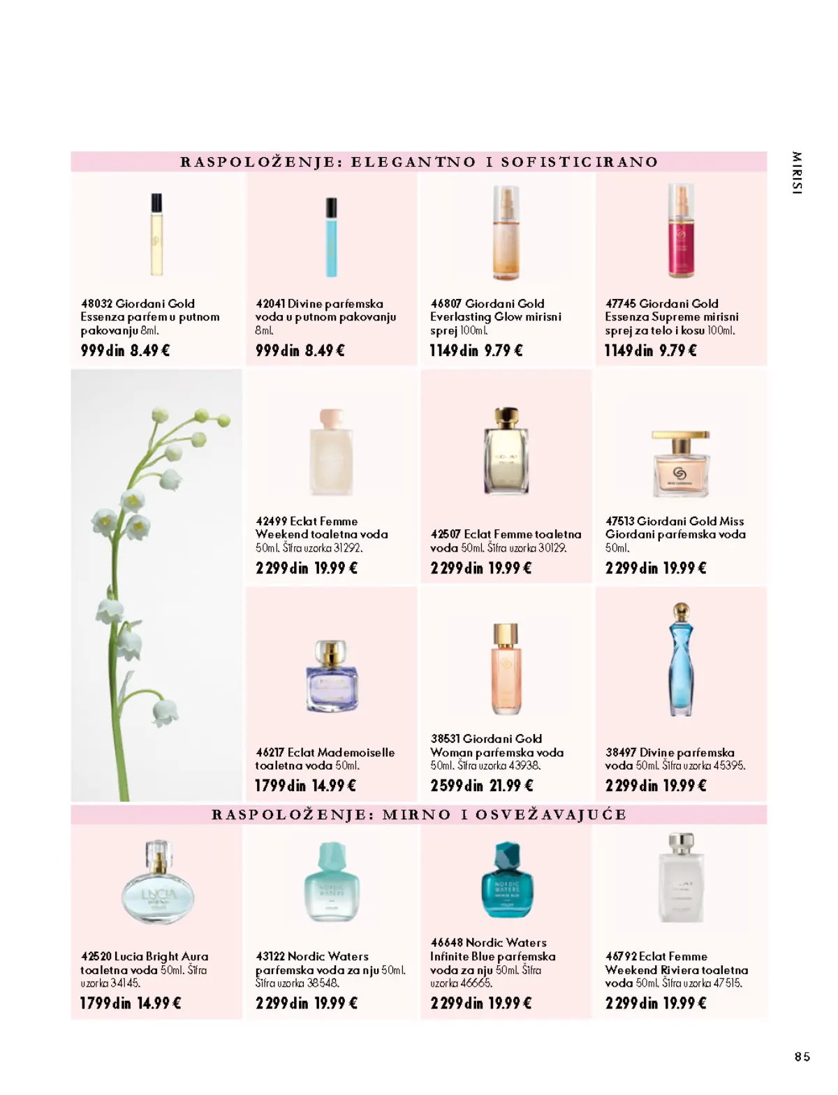 Oriflame katalog 07.10–17.11.2026, strana 85 – Eclat Femme Weekend Riviera toaletna voda 50 ml; Giordani Gold Everlasting Glow mirisni sprej 100 ml