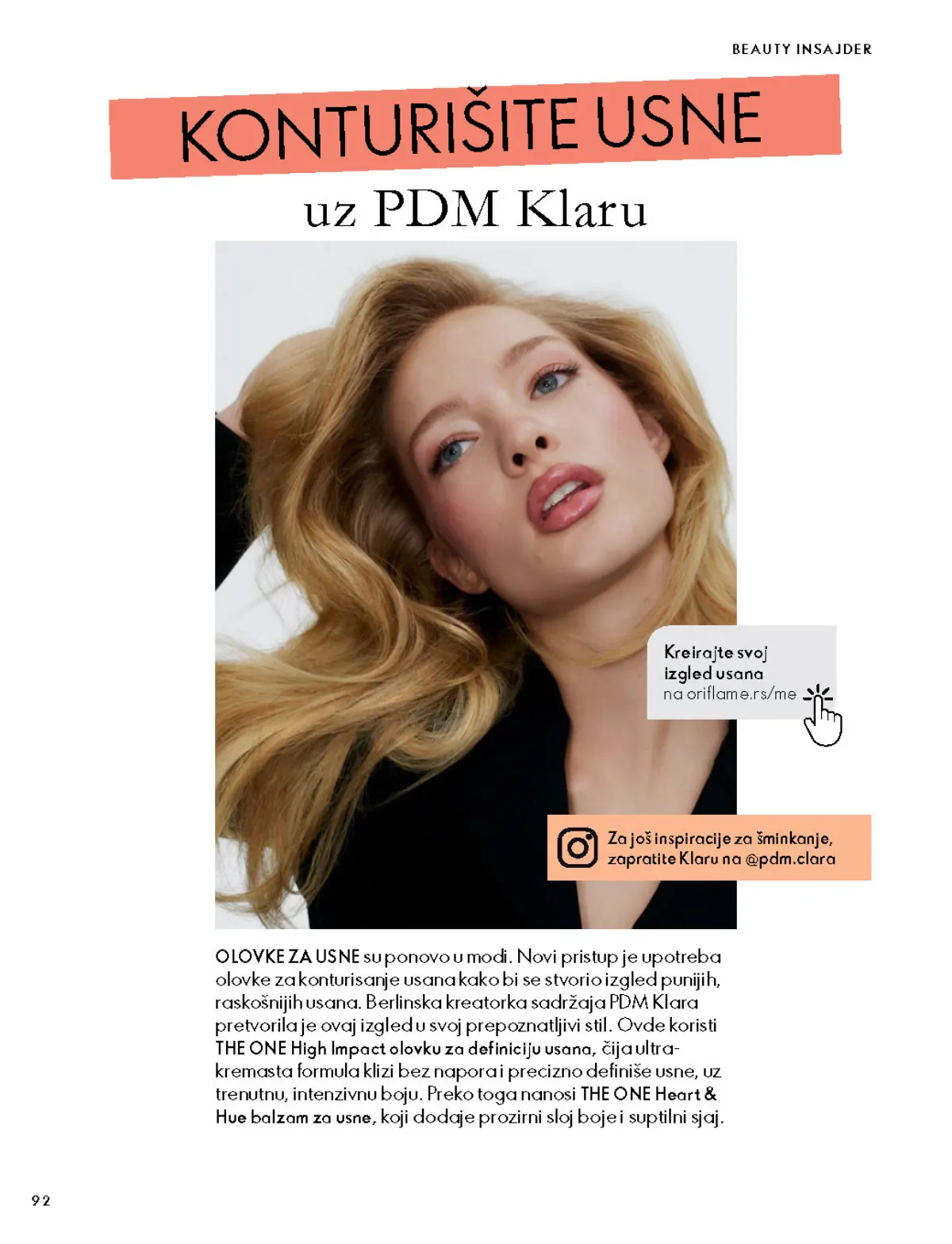 Oriflame katalog 07.10–17.11.2026, strana 92 – THE ONE High Impact olovka za usne i Heart & Hue balzam u vodiču za šminkanje.