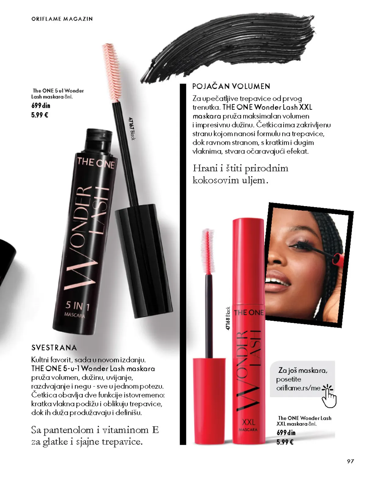 Oriflame katalog 07.10–17.11.2026, strana 97 – THE ONE Wonder Lash XXL maskara, 8 ml; THE ONE 5 u 1 Wonder Lash maskara, 8 ml