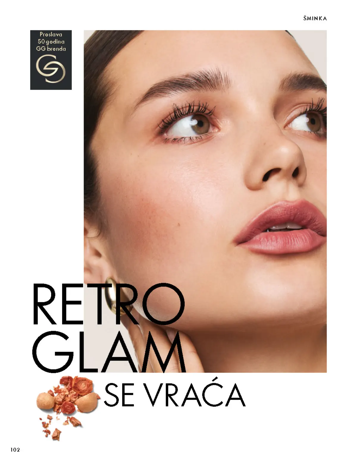 Oriflame katalog 07.10–17.11.2026, strana 102 – Giordani Gold šminka i inspiracija za retro izgled.