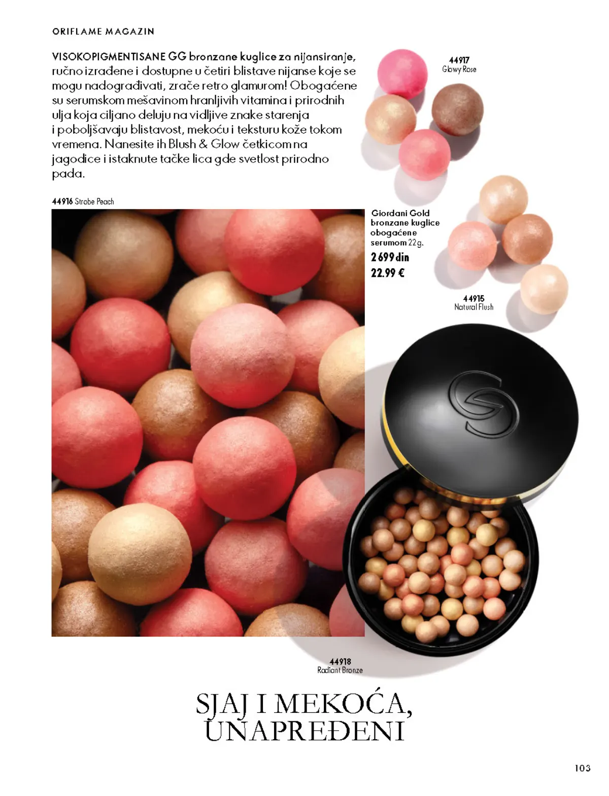 Oriflame katalog 07.10–17.11.2026, strana 103 – Strobe Peach Giordani Gold bronzane kuglice obogaćene serumom 22 g