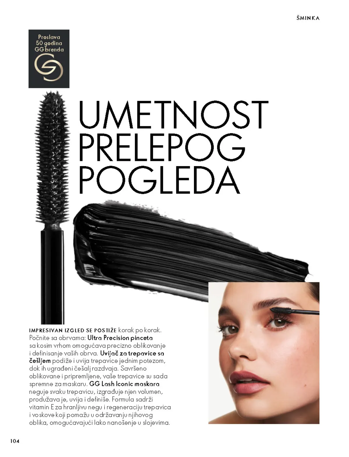 Oriflame katalog 07.10–17.11.2026, strana 104 – Giordani Gold Lash Iconic maskara i dodaci za oblikovanje obrva i trepavica.