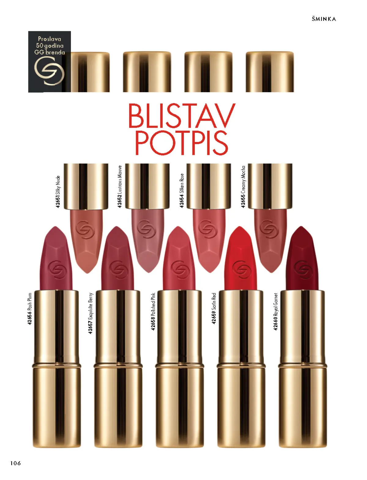 Oriflame katalog 07.10–17.11.2026, strana 106 – Pregled nijansi Giordani Gold Iconic Satin ruža za usne.