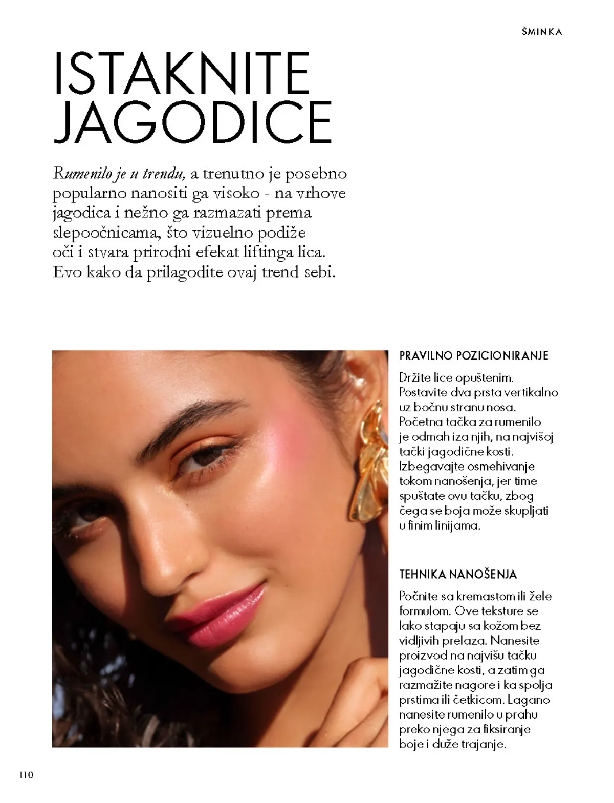 Oriflame katalog 07.10–17.11.2026, strana 110 – Vodič kroz nanošenje rumenila i isticanje jagodica.