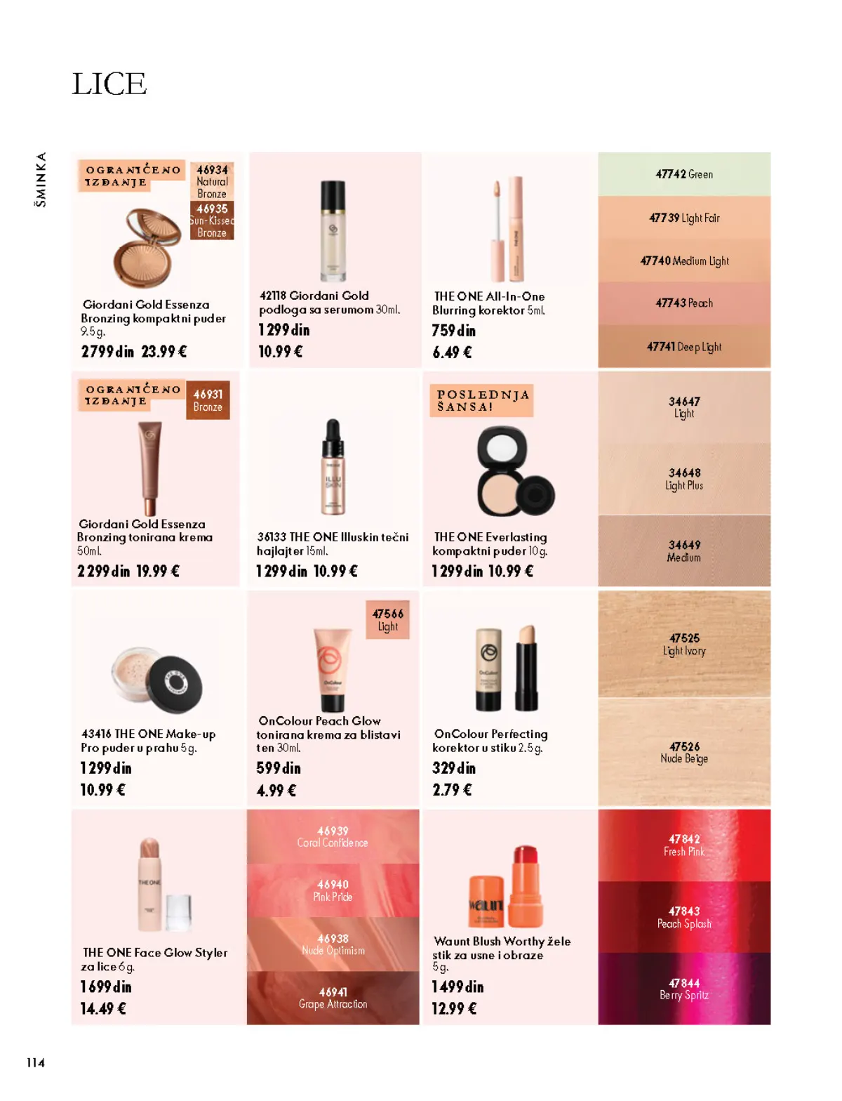 Oriflame katalog 07.10–17.11.2026, strana 114 – Giordani Gold podloga sa serumom 30 ml; THE ONE Illuskin tečni hajlajter 15 ml