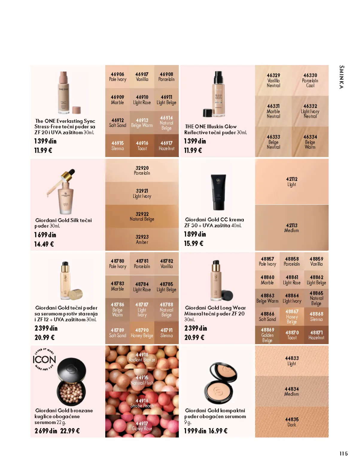 Oriflame katalog 07.10–17.11.2026, strana 115 – Giordani Gold kompaktni puder obogaćen serumom, 9 g; Giordani Gold bronzane kuglice obogaćene serumom, 22 g
