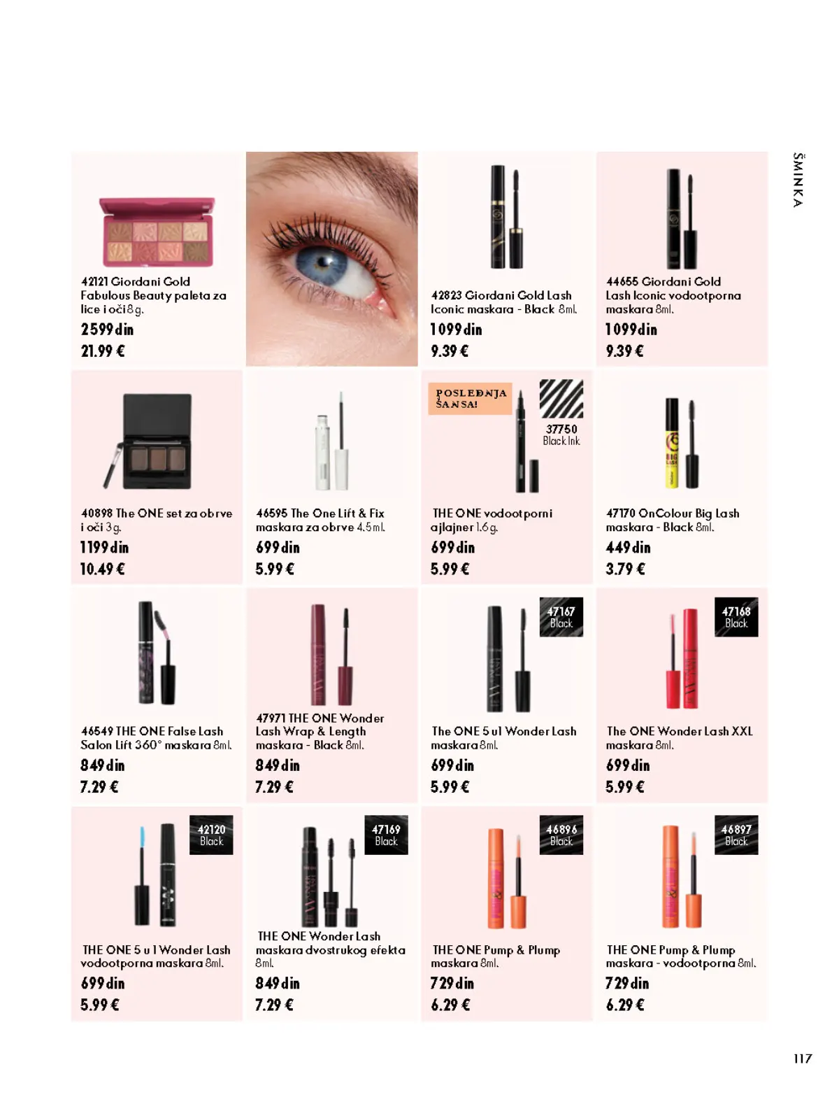 Oriflame katalog 07.10–17.11.2026, strana 117 – The ONE set za obrve i oči 3 g; Giordani Gold Fabulous Beauty paleta za lice i oči 8 g