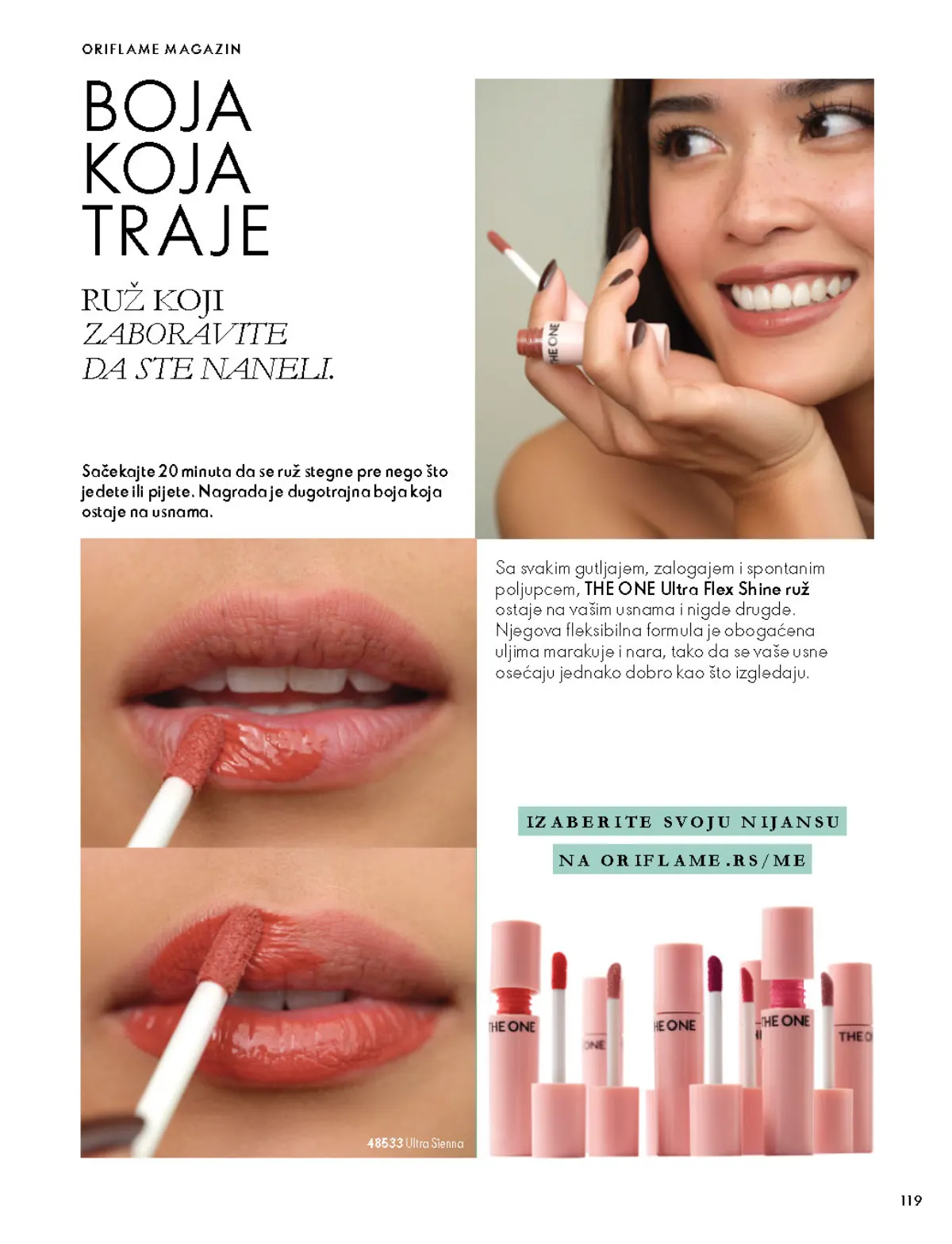 Oriflame katalog 07.10–17.11.2026, strana 119 – Predstavljanje THE ONE Ultra Flex Shine ruža i saveti za nanošenje.