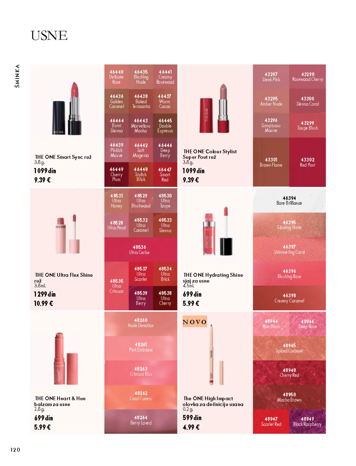 Oriflame katalog 07.10–17.11.2026, strana 120 – THE ONE Smart Sync ruž, 3,8 g; THE ONE Colour Stylist Super Pout ruž, 3,8 g