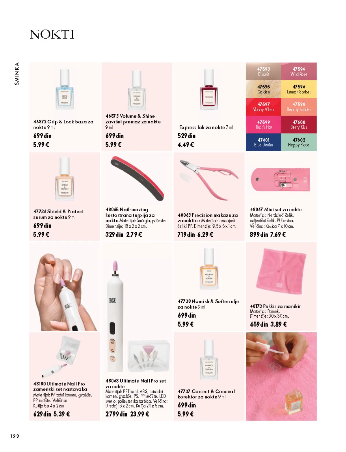 Oriflame katalog 07.10–17.11.2026, strana 122 – Grip & Lock baza za nokte 9 ml; Volume & Shine završni premaz za nokte 9 ml