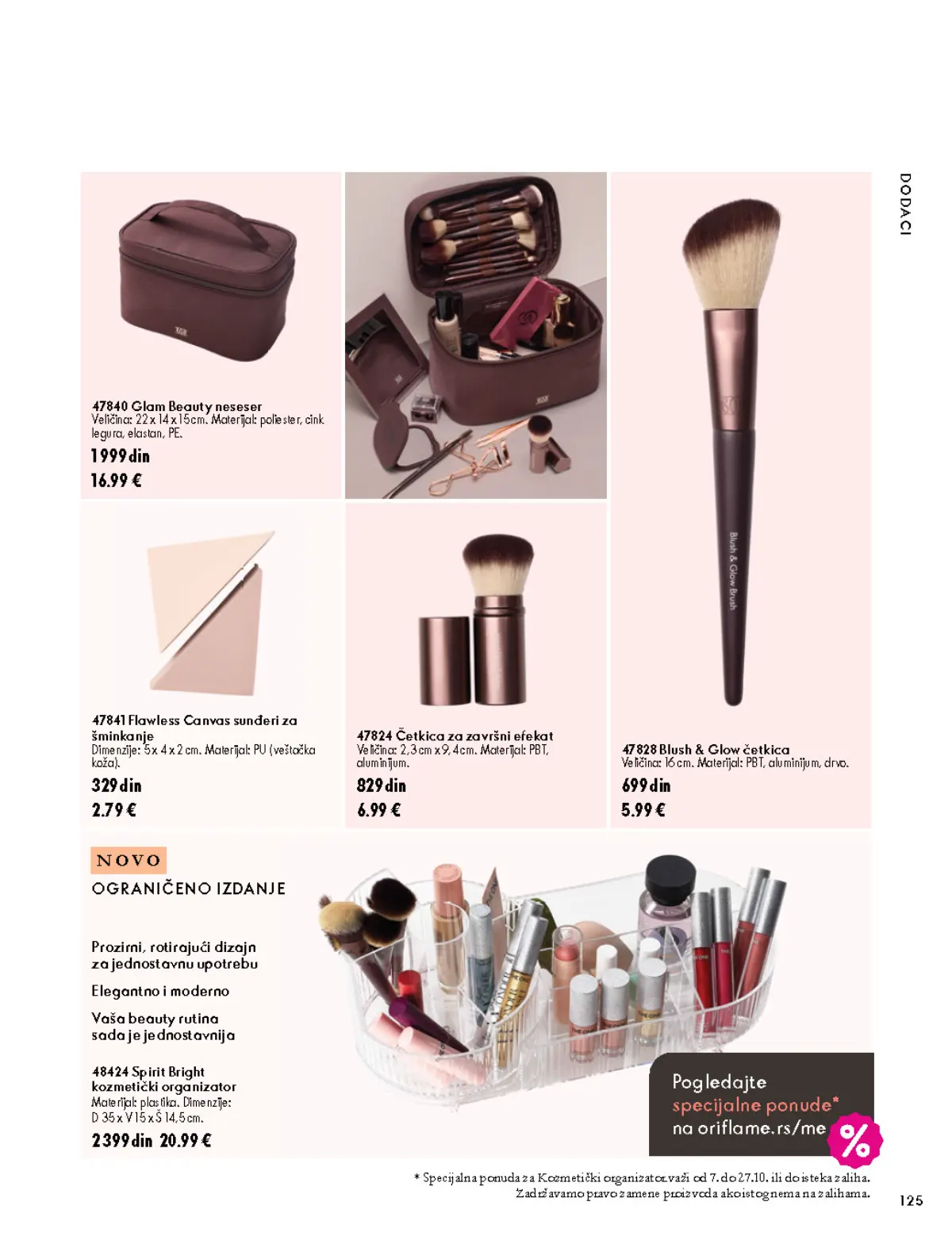 Oriflame katalog 07.10–17.11.2026, strana 125 – Glam Beauty neseser; Flawless Canvas sunđeri za šminkanje