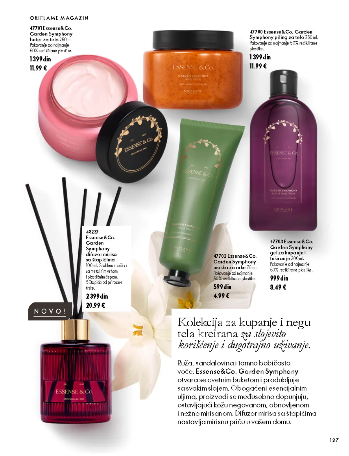 Oriflame katalog 07.10–17.11.2026, strana 127 – Essense&Co. Garden Symphony buter za telo 250 ml; Essense&Co. Garden Symphony difuzor mirisa sa štapićima 100 ml