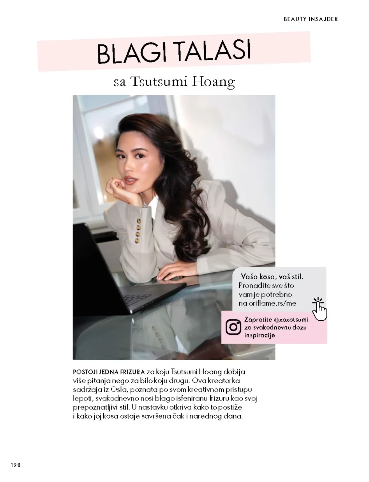 Oriflame katalog 07.10–17.11.2026, strana 128 – Vodič za stilizovanje kose sa Tsutsumi Hoang.