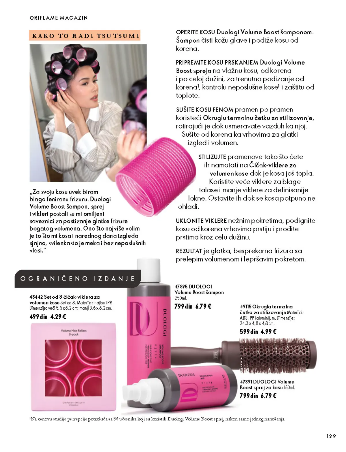 Oriflame katalog 07.10–17.11.2026, strana 129 – DUOLOGI Volume Boost sprej za kosu 150 ml; DUOLOGI Volume Boost šampon 250 ml