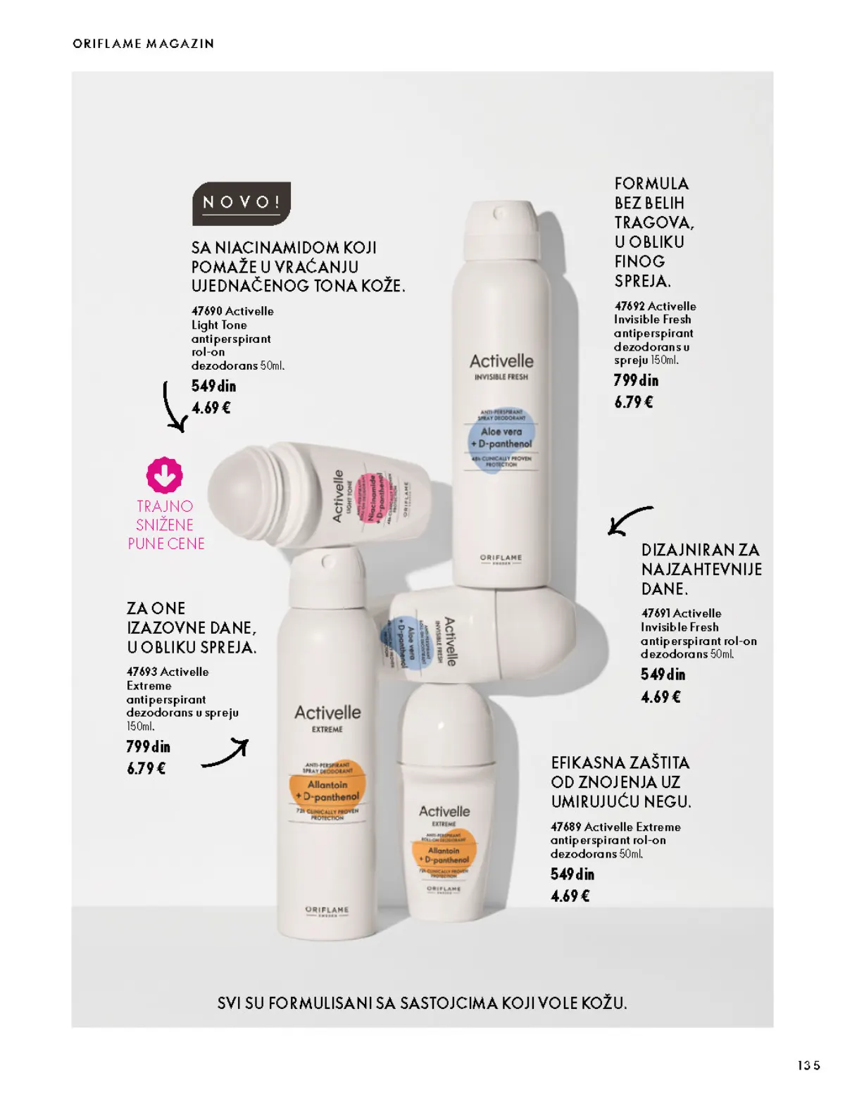 Oriflame katalog 07.10–17.11.2026, strana 135 – Activelle Extreme antiperspirant dezodorans u spreju 150 ml; Activelle Light Tone antiperspirant rol-on dezodorans 50 ml