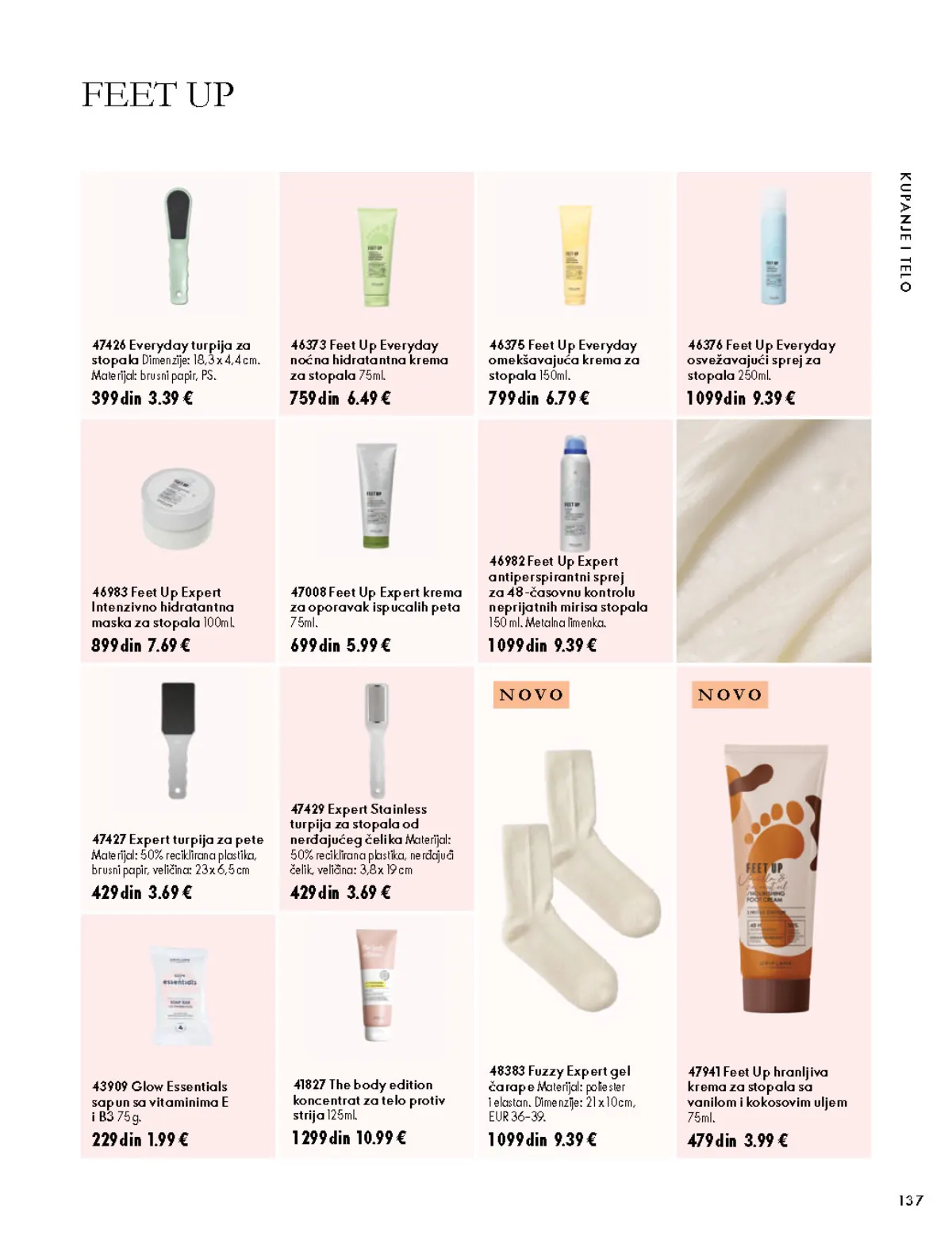 Oriflame katalog 07.10–17.11.2026, strana 137 – Feet Up Everyday noćna hidratantna krema za stopala 75 ml; Feet Up Everyday omekšavajuća krema za stopala 150 ml