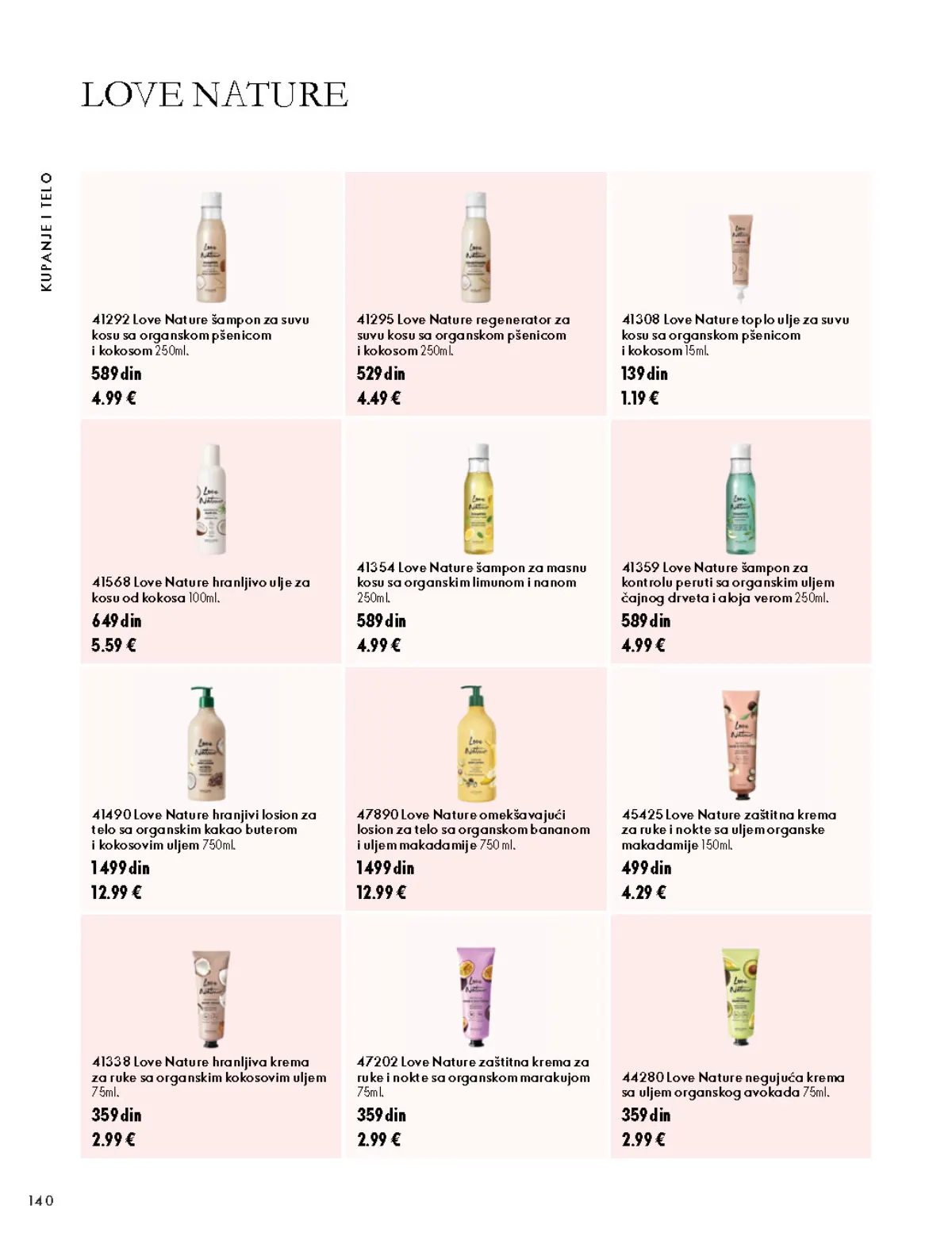 Oriflame katalog 07.10–17.11.2026, strana 140 – Love Nature šampon za suvu kosu sa organskom pšenicom i kokosom 250 ml; Love Nature šampon za kontrolu peruti sa organskim uljem čajnog drveta i aloja verom 250 ml