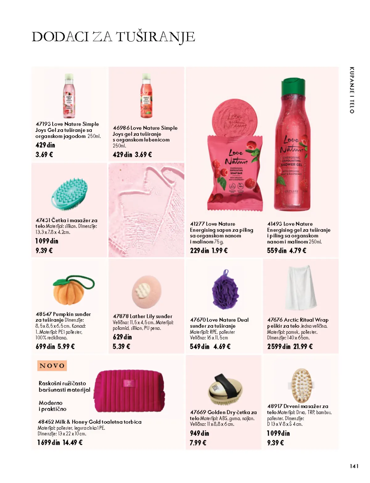 Oriflame katalog 07.10–17.11.2026, strana 141 – Love Nature Simple Joys Gel za tuširanje sa organskom jagodom 250 ml; Love Nature Simple Joys gel za tuširanje s organskom lubenicom 250 ml