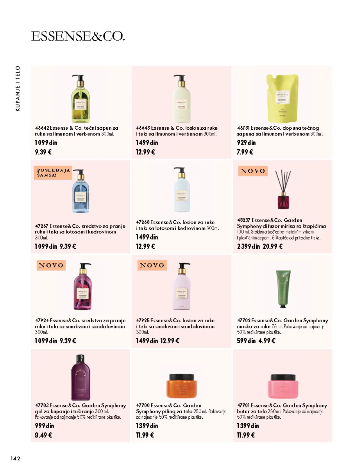 Oriflame katalog 07.10–17.11.2026, strana 142 – Essense & Co. tečni sapun za ruke sa limunom i verbenom 300 ml; Essense & Co. losion za ruke i telo sa limunom i verbenom 300 ml