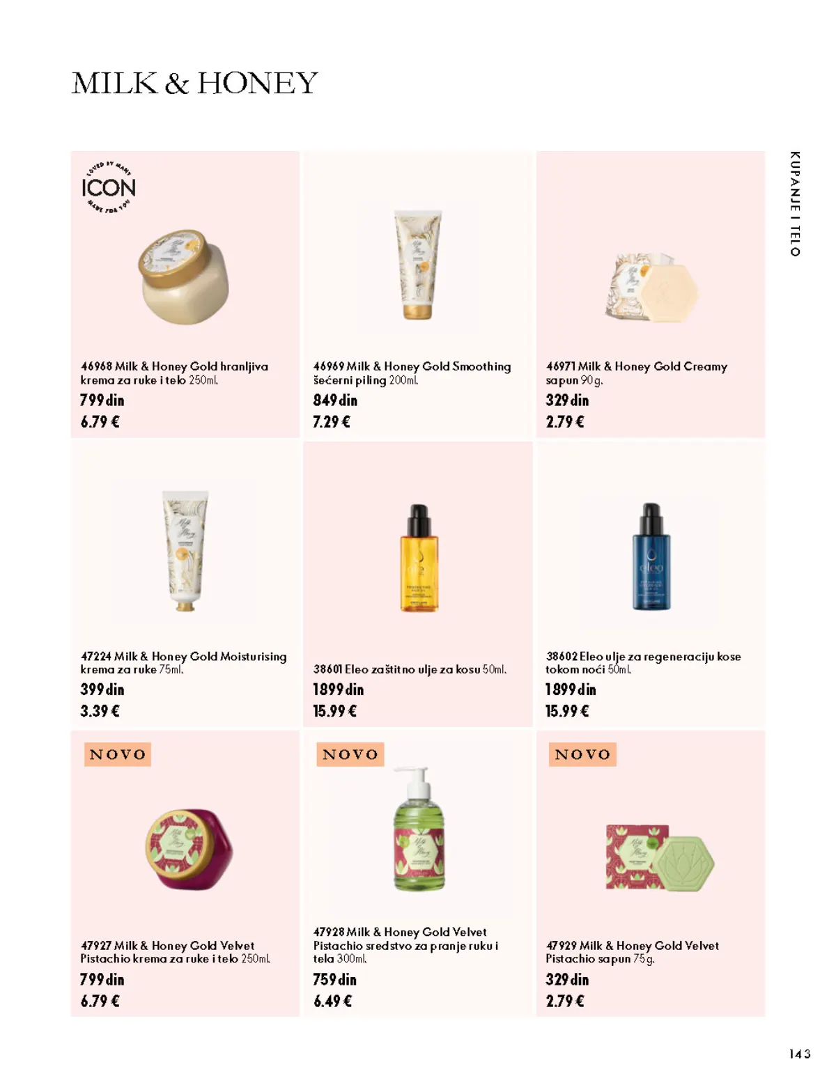 Oriflame katalog 07.10–17.11.2026, strana 143 – Milk & Honey Gold hranljiva krema za ruke i telo 250 ml; Milk & Honey Gold Smoothing šećerni piling 200 ml