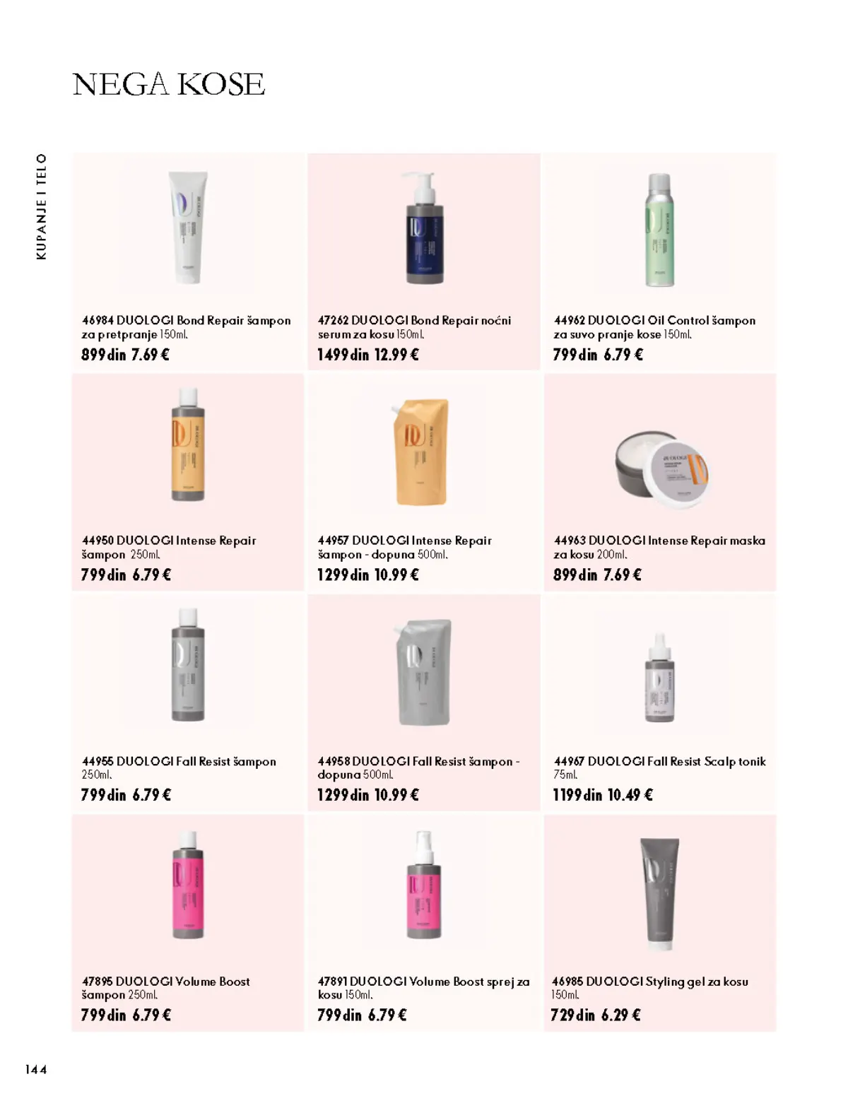 Oriflame katalog 07.10–17.11.2026, strana 144 – DUOLOGI Oil Control šampon za suvo pranje kose 150 ml; DUOLOGI Styling gel za kosu 150 ml