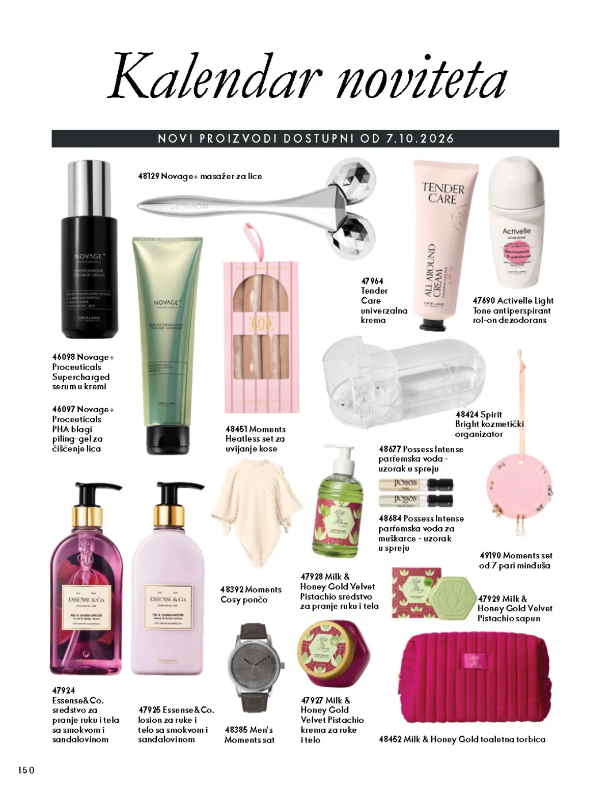 Oriflame katalog 07.10–17.11.2026, strana 150 – Kalendar noviteta dostupnih od 07.10.2026: Novage+ Proceuticals i Tender Care univerzalna krema.