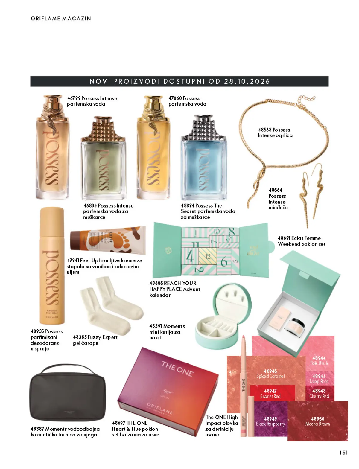 Oriflame katalog 07.10–17.11.2026, strana 151 – Kalendar noviteta dostupnih od 28.10.2026: Possess Intense mirisi, nakit i ideje za poklone.