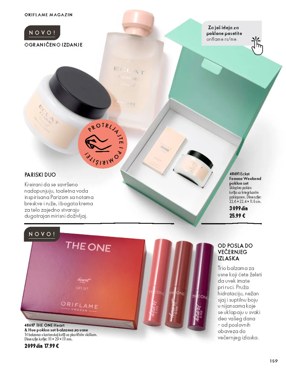 Oriflame katalog 07.10–17.11.2026, strana 159 – Eclat Femme Weekend poklon set; THE ONE Heart & Hue poklon set balzama za usne