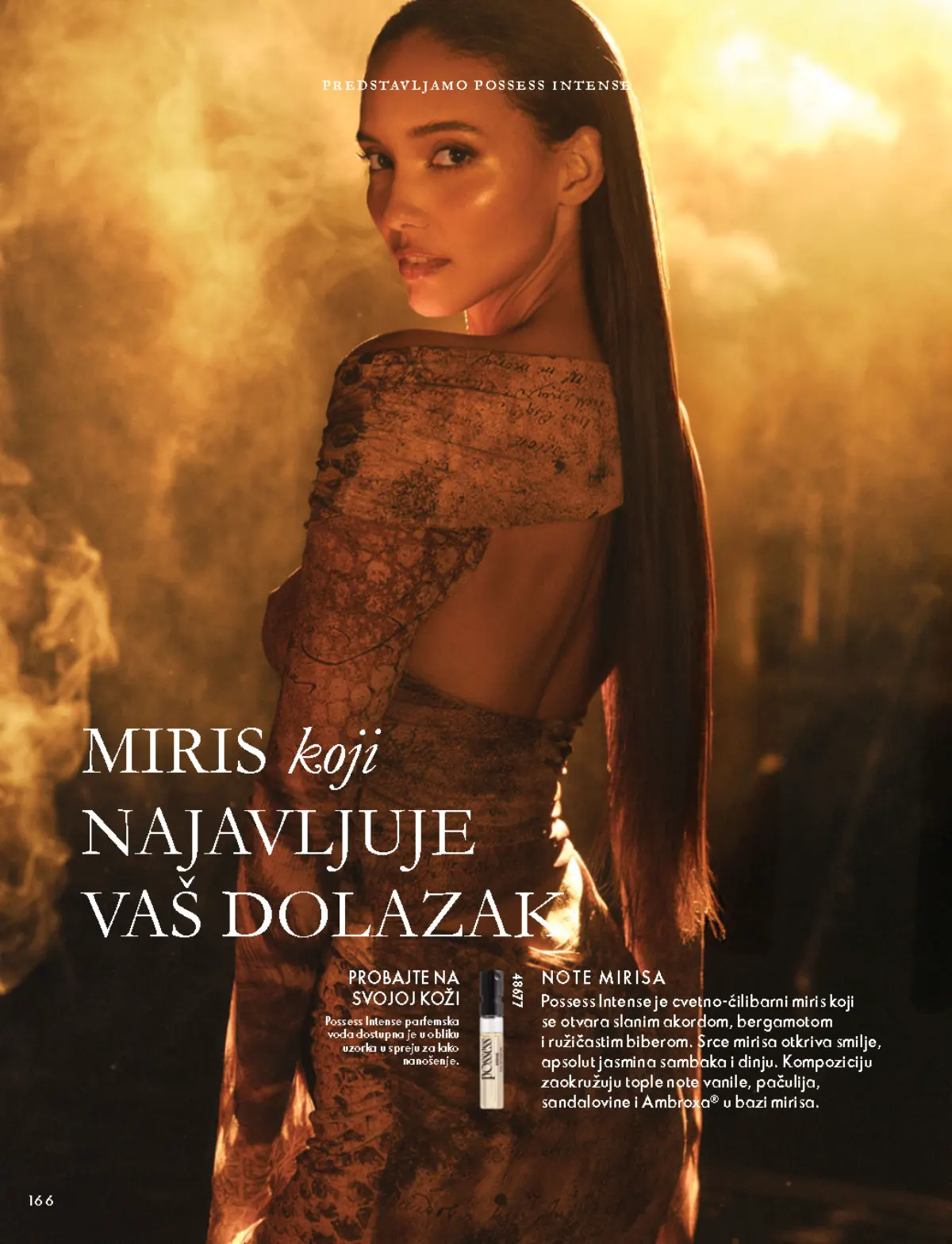 Oriflame katalog 07.10–17.11.2026, strana 166 – Predstavljanje mirisnih nota i uzorka Possess Intense parfemske vode.