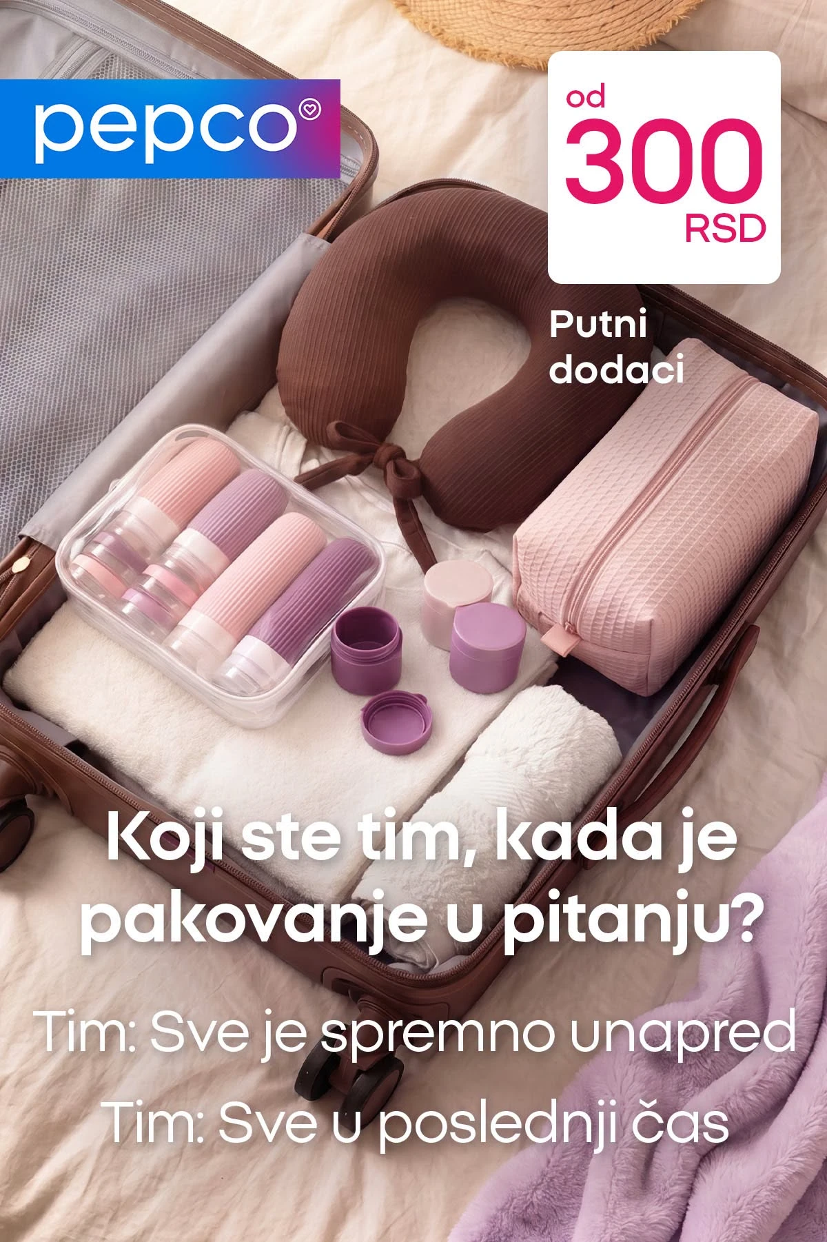 Pepco putni dodaci od 300 RSD – kozmetičke torbe, putne bočice, putni jastuci i praktični dodaci za putovanja.