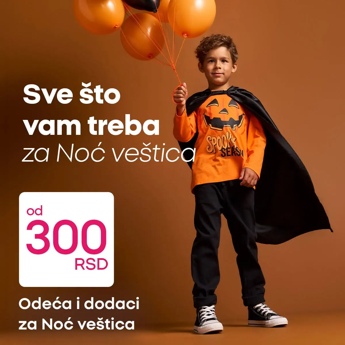 PEPCO odeća i dodaci za Noć veštica od 300 dinara – dečak u majici sa bundevom i crnom plaštu