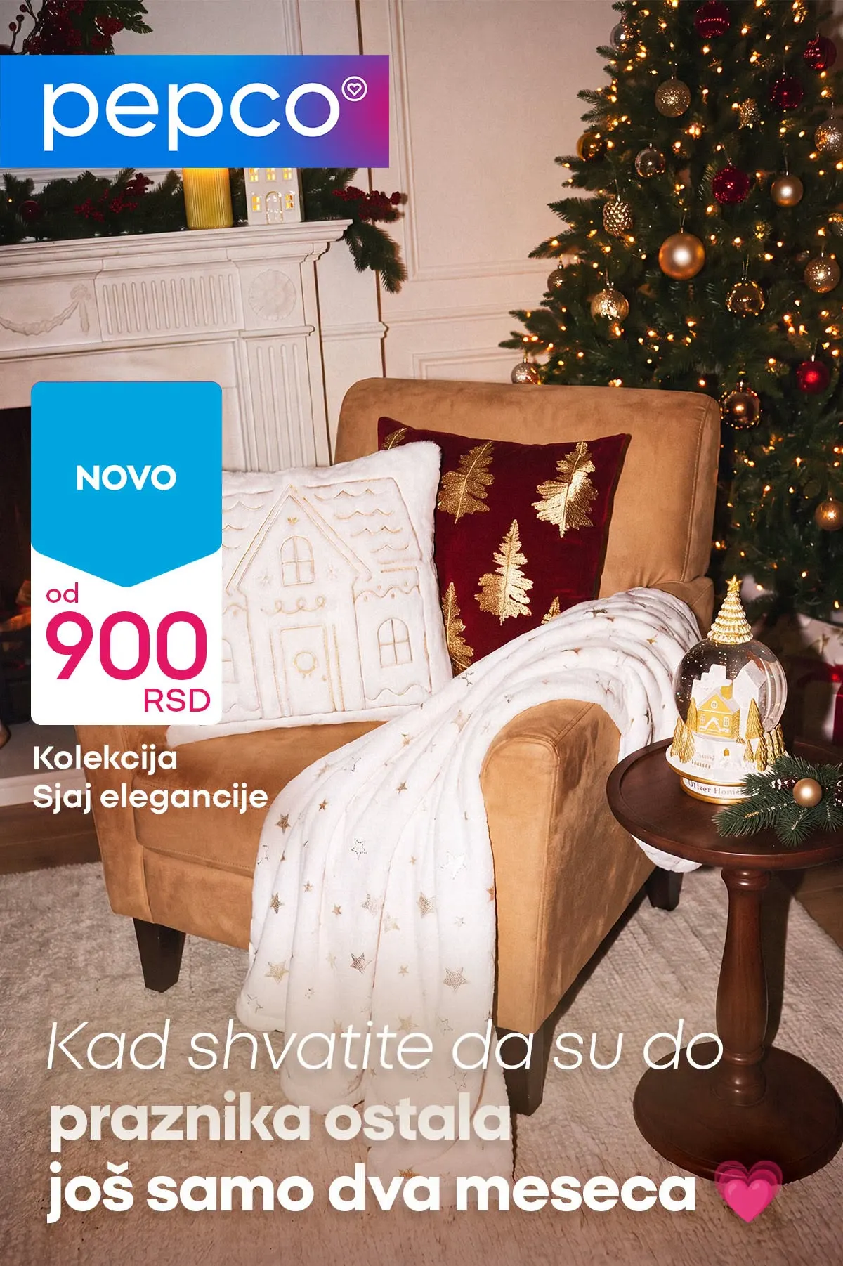 PEPCO kolekcija Sjaj elegancije – praznična dnevna soba, novogodišnja jelka, dekorativni jastuci i ćebe, ponuda od 900 RSD