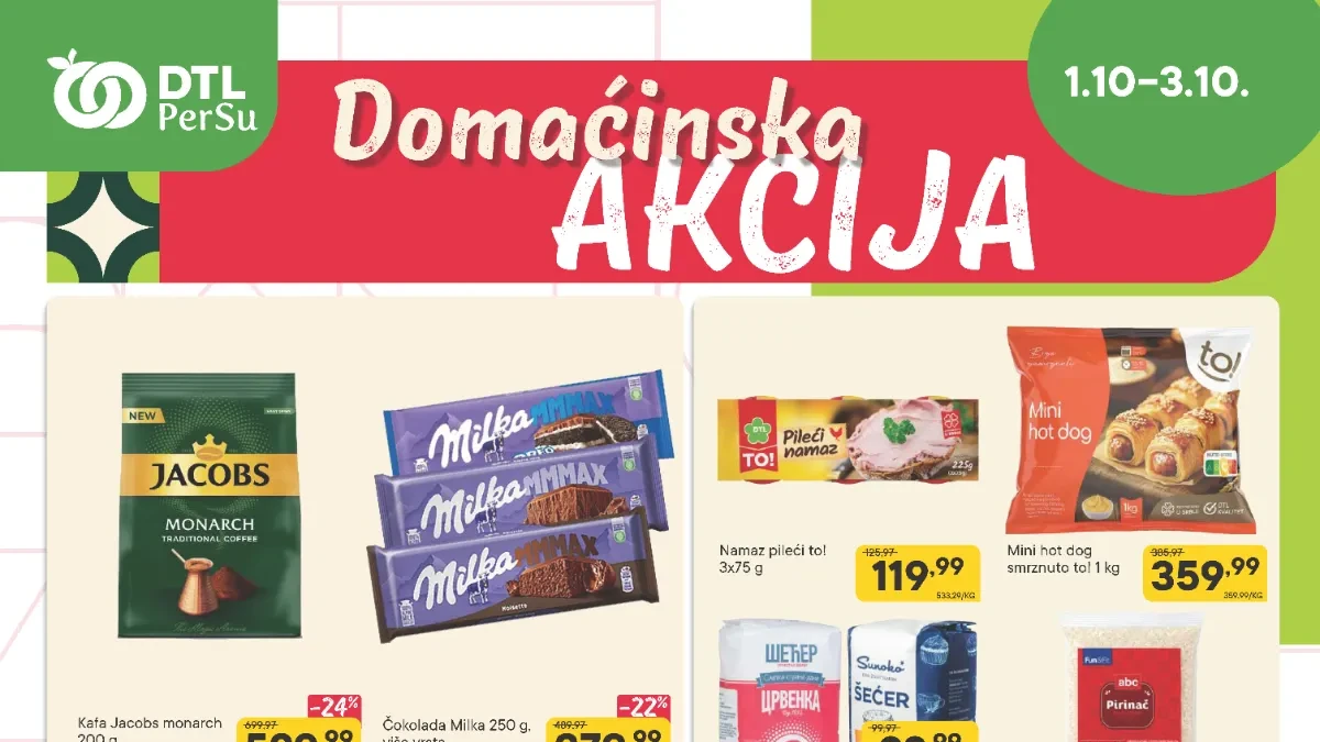 DTL PerSu Domaćinska i Sveža akcija od 01. do 03.10.2026. – hrana, piće, mlečni proizvodi, meso, voće i povrće po akcijskim cenama