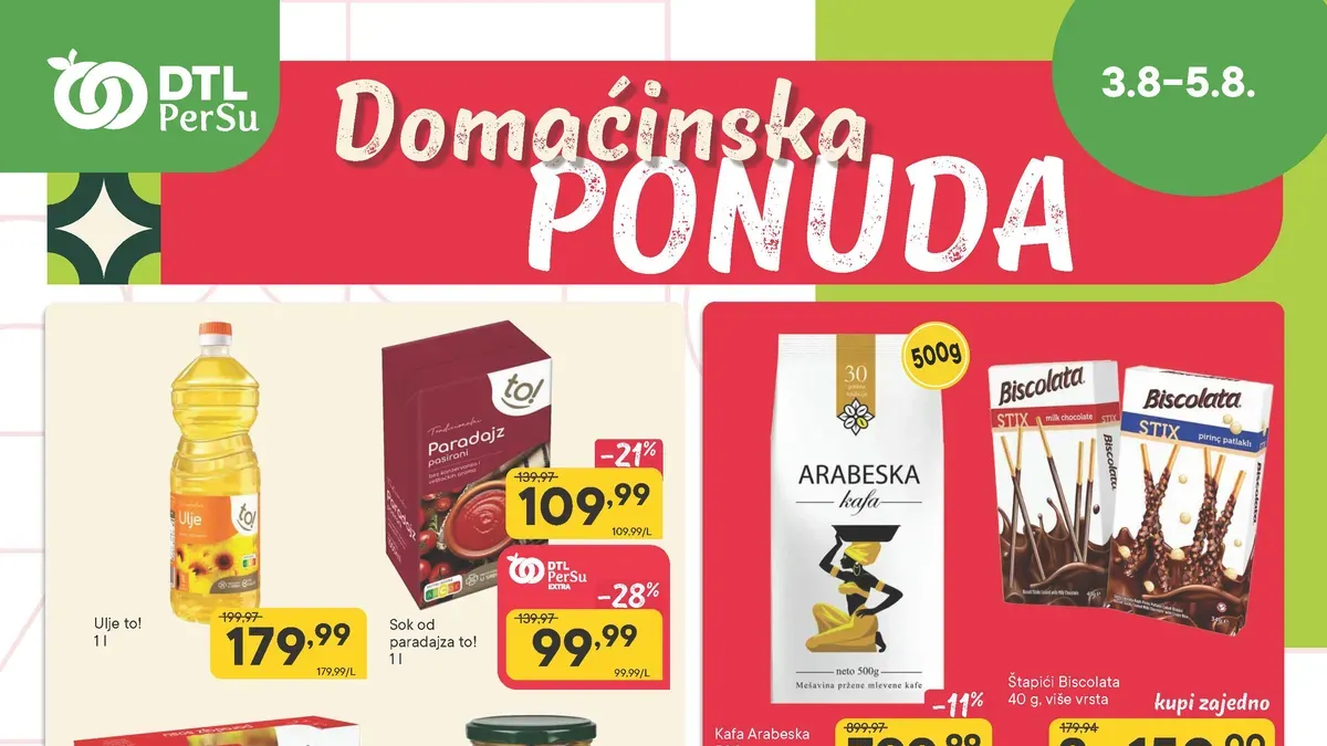 PerSu Domaćinska ponuda do 05.08.2026. donosi snižene cene kafe Arabeska, Plazme, Fairy deterdženta, ulja, sladoleda, krema i drugih proizvoda za domaćinstvo