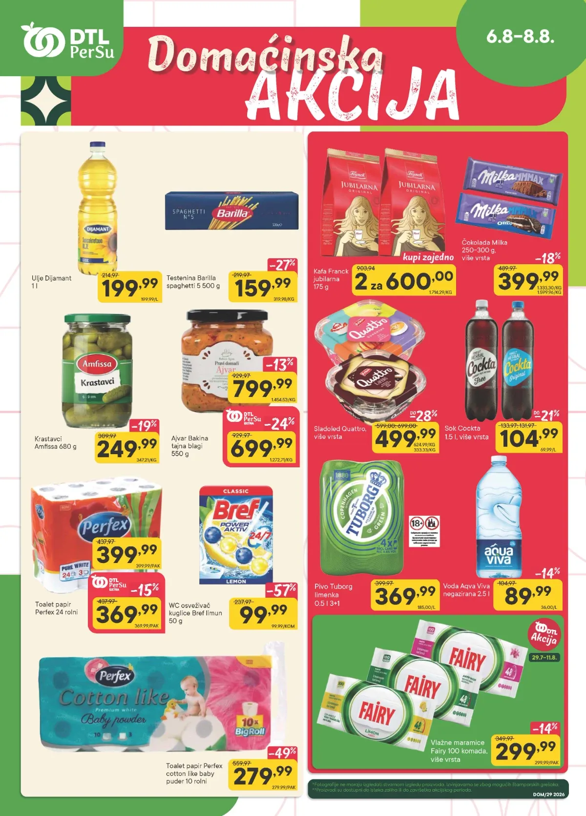 PerSu Domaćinska akcija do 08.08.2026. donosi snižene cene Franck Jubilarne kafe, Dijamant ulja, Milka čokolade, Barilla testenine, Tuborg piva, Cocta napitaka, Fairy maramica i drugih proizvoda