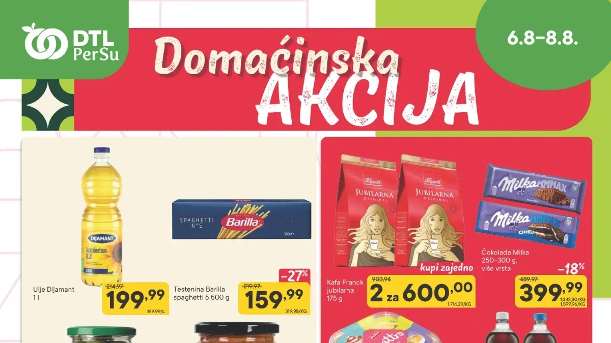 PerSu Domaćinska akcija do 08.08.2026. donosi snižene cene Franck Jubilarne kafe, Dijamant ulja, Milka čokolade, Barilla testenine, Fairy maramica, Tuborg piva, Cocta napitaka i drugih proizvoda