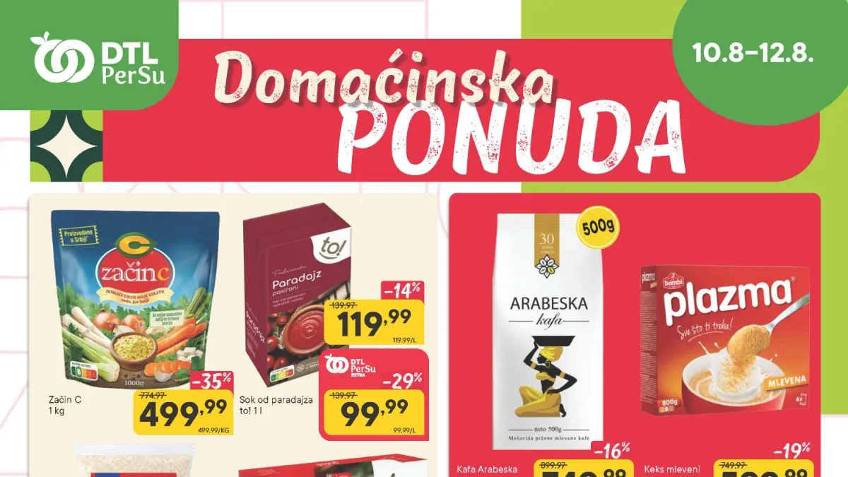 PerSu Domaćinska i Sveža akcija od 10. do 12.08.2026. – popusti do 41% na prehranu, piće, voće, povrće i proizvode za domaćinstvo