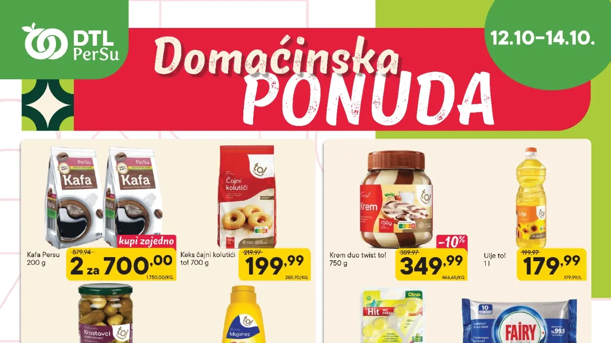 DTL PerSu Domaćinska ponuda od 12. do 14.10.2026. – kafa, ulje, keks i proizvodi za domaćinstvo na akciji