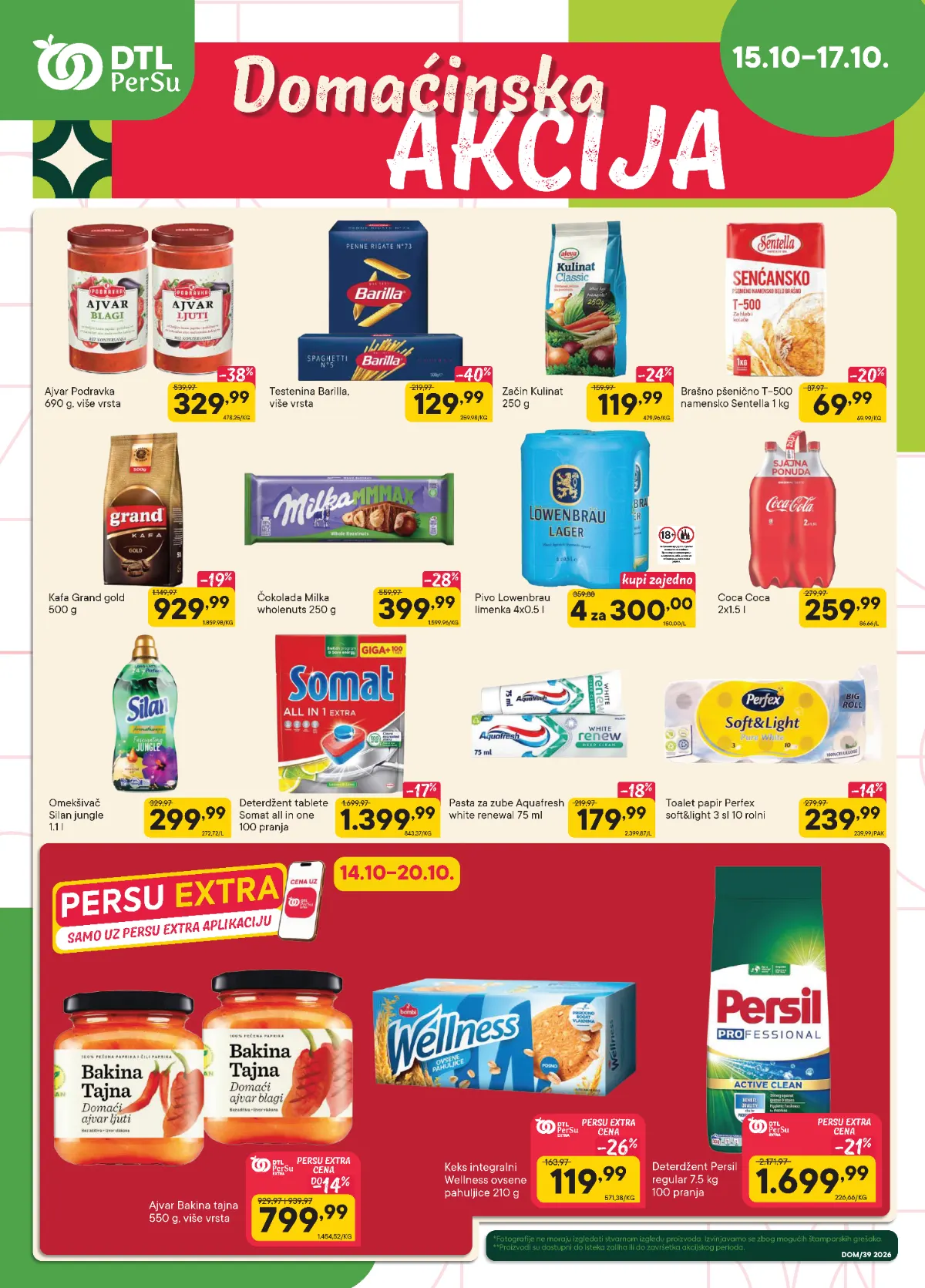 DTL PerSu domaćinska akcija 15–17.10.2026. – testenina Barilla 129,99 din, ajvar Podravka 329,99 din i brašno Sentella 69,99 din
