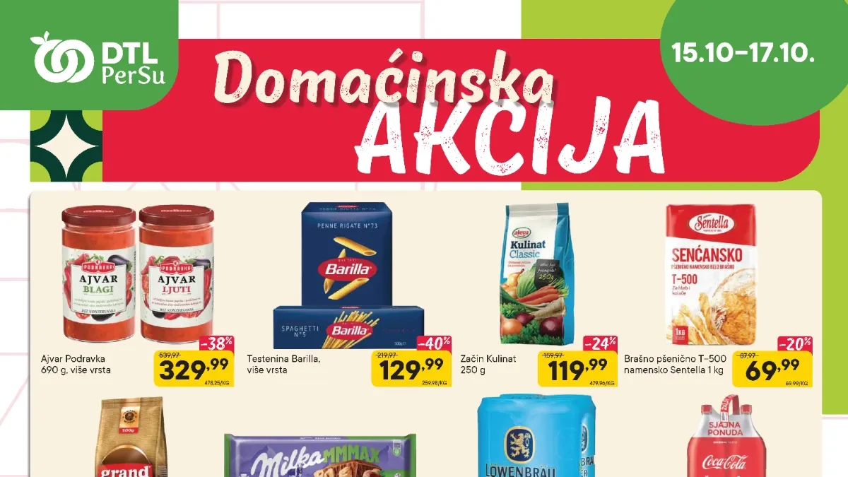 DTL PerSu Domaćinska akcija od 15. do 17.10.2026. – ajvar Podravka 329,99 din i testenina Barilla 129,99 din