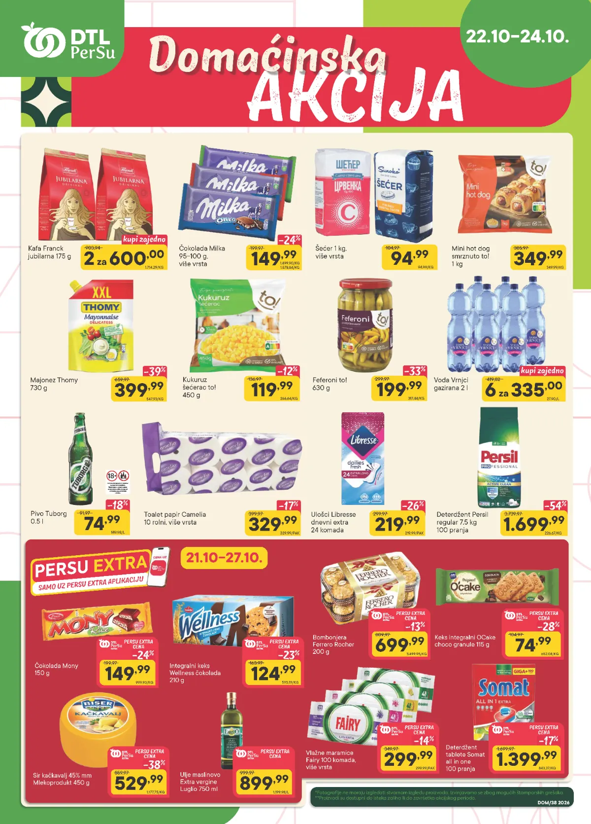 DTL PerSu Domaćinska akcija 22–24.10.2026. – šećer 94,99 din, Milka 149,99 din i Persil 7,5 kg za 1.699,99 dinara uz popust od 54%