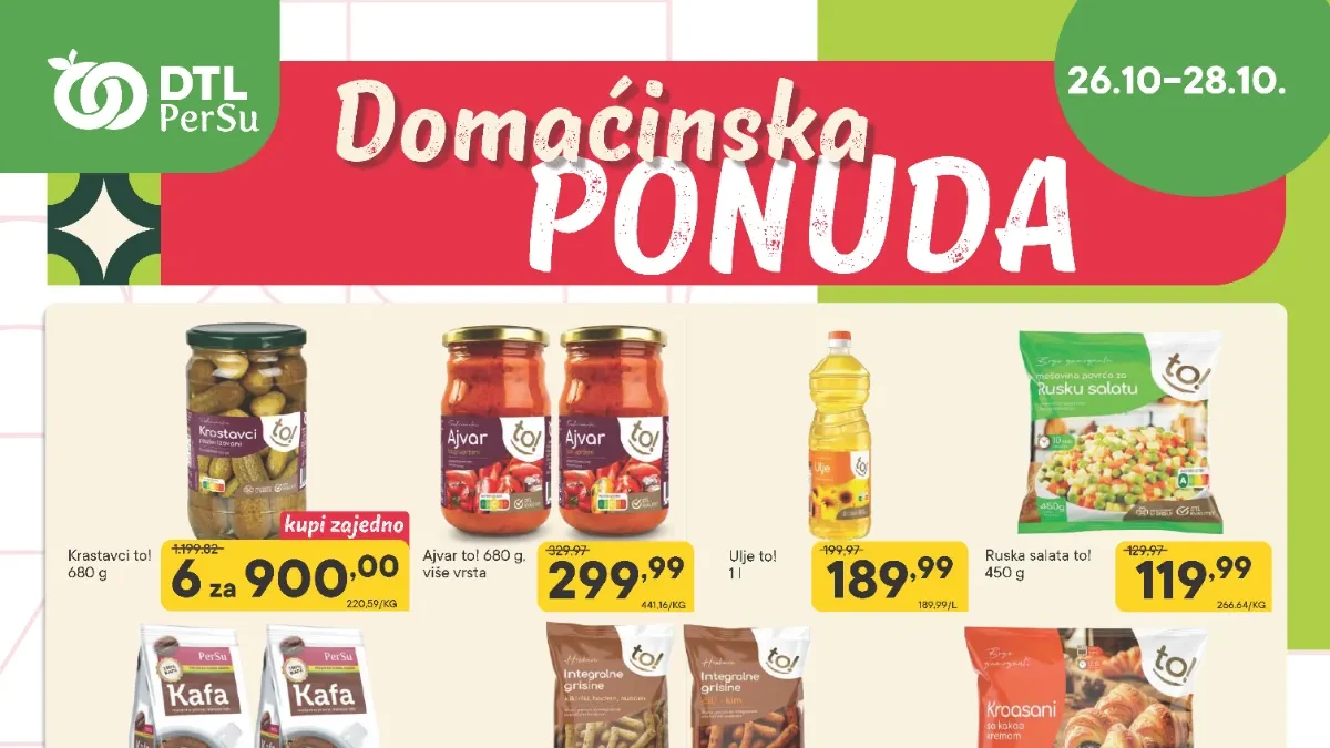 PerSu Domaćinska ponuda 26–28.10.2026. – ajvar 299,99 dinara, ulje 189,99 dinara, ruska salata 119,99 dinara i popusti do 38% uz PerSu Extra