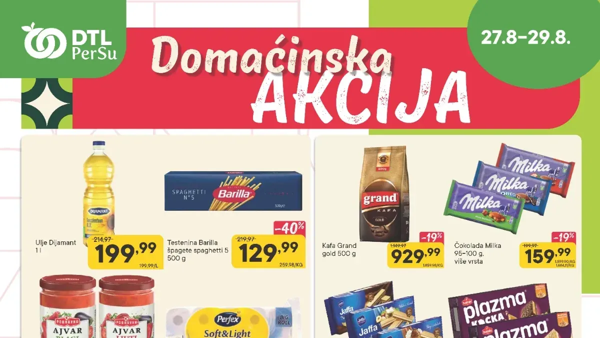 PerSu Domaćinska i Sveža akcija od 27. do 29.08.2026. – prehrana, piće, voće, povrće i kućne potrepštine uz popuste do 55%