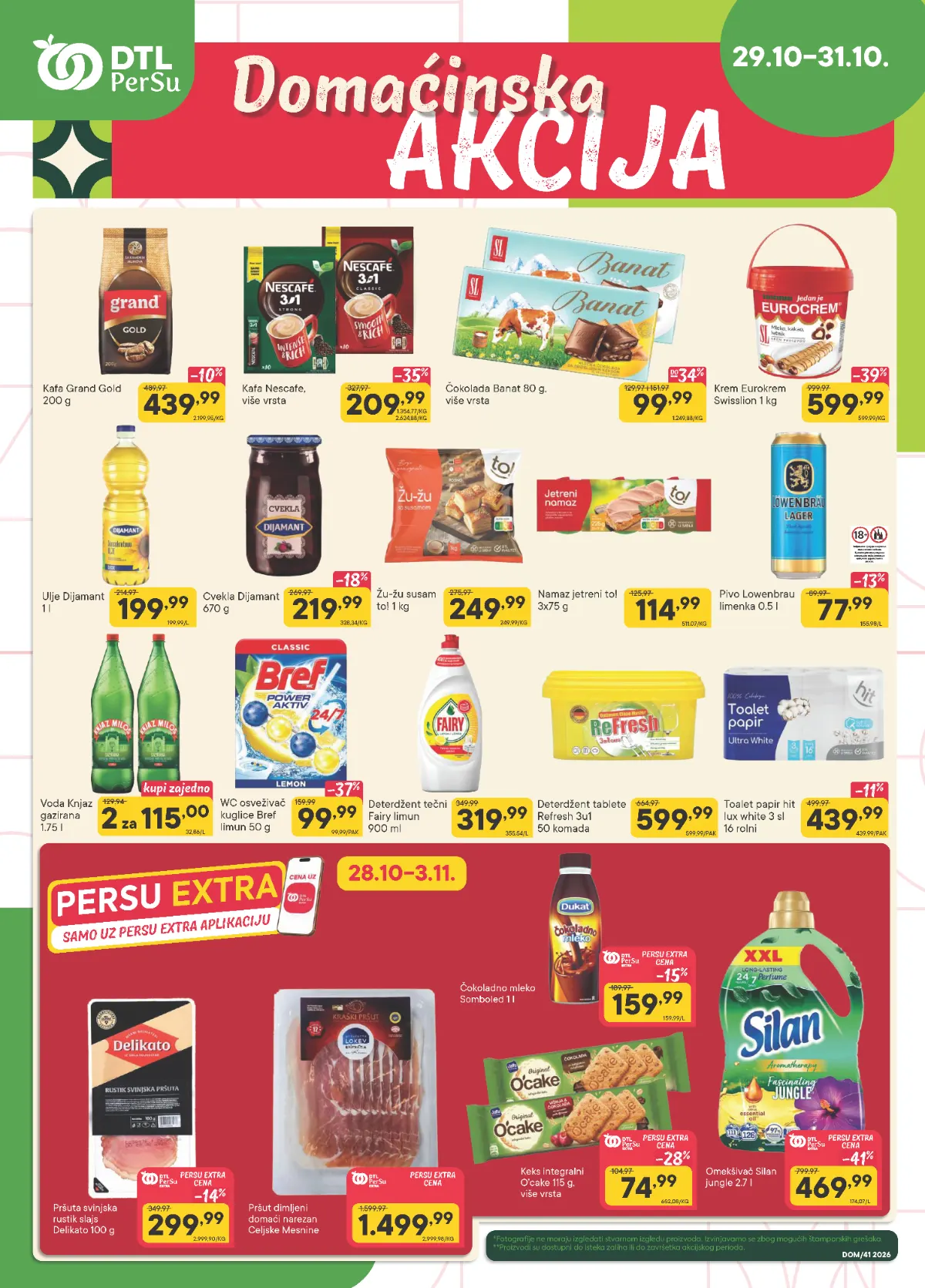 DTL PerSu Domaćinska akcija od 29. do 31.10.2026. – Nescafe 209,99 din, Eurocrem 599,99 din, Bref 99,99 din i Silan 469,99 din uz popuste do 41%