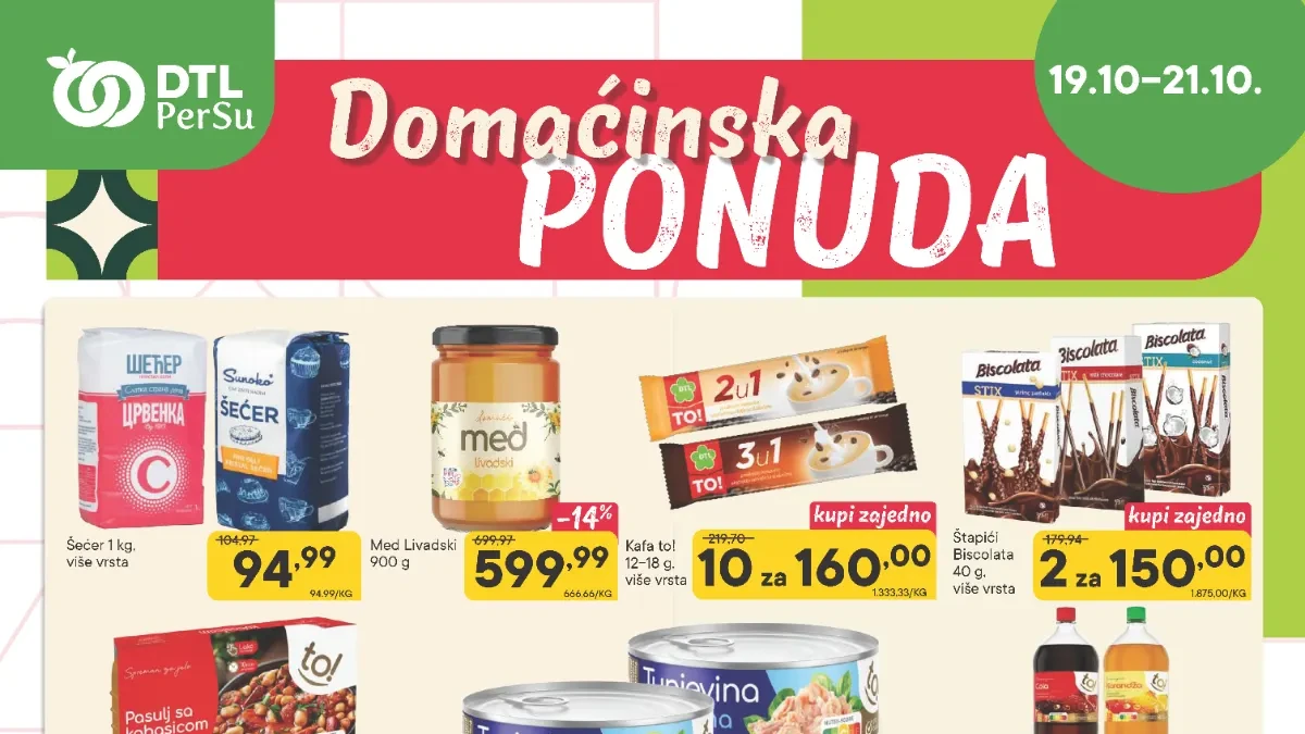 DTL PerSu Domaćinska i sveža akcija od 19. do 21.10.2026. – šećer 94,99 din, med 599,99 din, mleko 89,99 din i mandarine 159,90 din