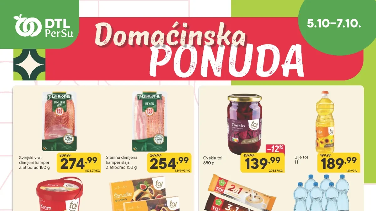 DTL PerSu akcija 05–07.10.2026. – Domaćinska i sveža ponuda sa akcijskim cenama hrane, pića, mesa, mlečnih proizvoda, voća i povrća