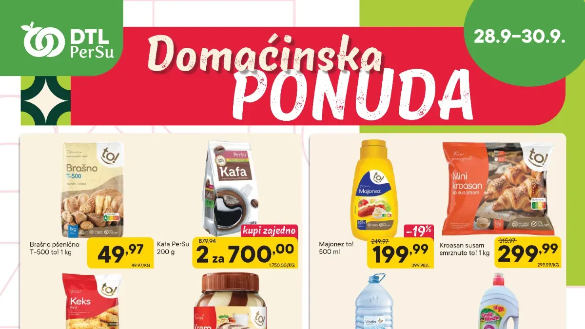 DTL PerSu Domaćinska i Sveža ponuda od 28. do 30.09.2026. – hrana, piće, kućne potrepštine, mlečni proizvodi, voće i povrće po akcijskim cenama