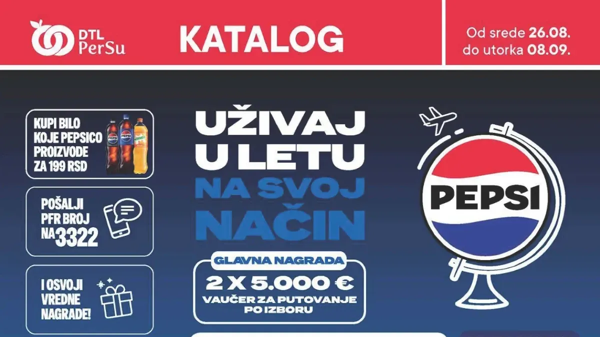 PerSu katalog od 26.08. do 08.09.2026. donosi akcijske cene hrane, pića, kućne hemije i kozmetike, popuste do 63% i Pepsi nagradnu igru